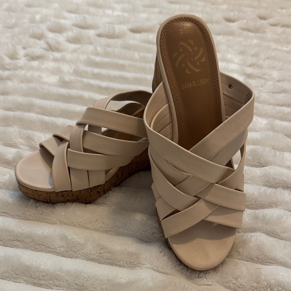 Sam & Libby Shoes - Sam & Libby Neutral Beige Crisscross Cork Wedge Slides